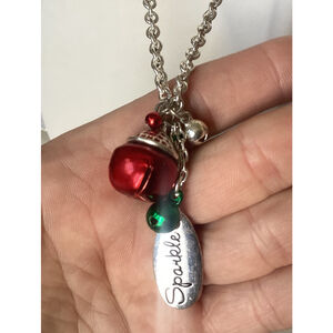 Charm Necklace W/Red Bell, Ornament Balls & “Sparkle” Tag Silver Tone Christmas